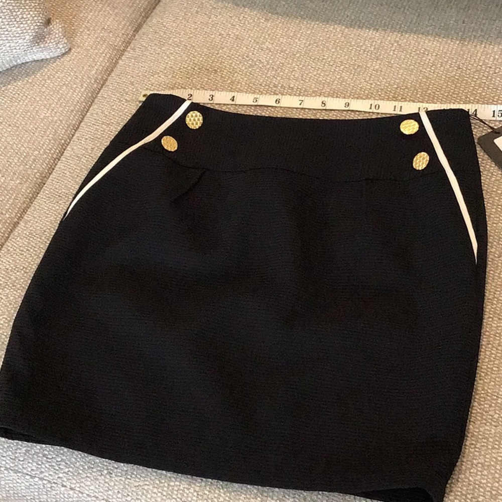 Courage.b miniskirt, black with white piping and gold buttons, NWT
